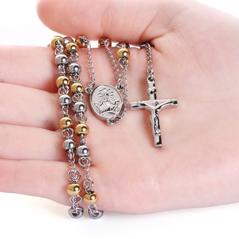 COTTVOTT Stainless Steel 6mm Beads Rosary Catholic Necklace Holy Medal & Crucifix 32inch(Golden Silver Tone) - Image 5